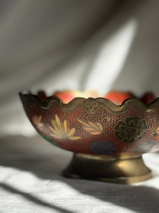 VINTAGE INDIAN BRASS ENAMEL FLOWER BOWL