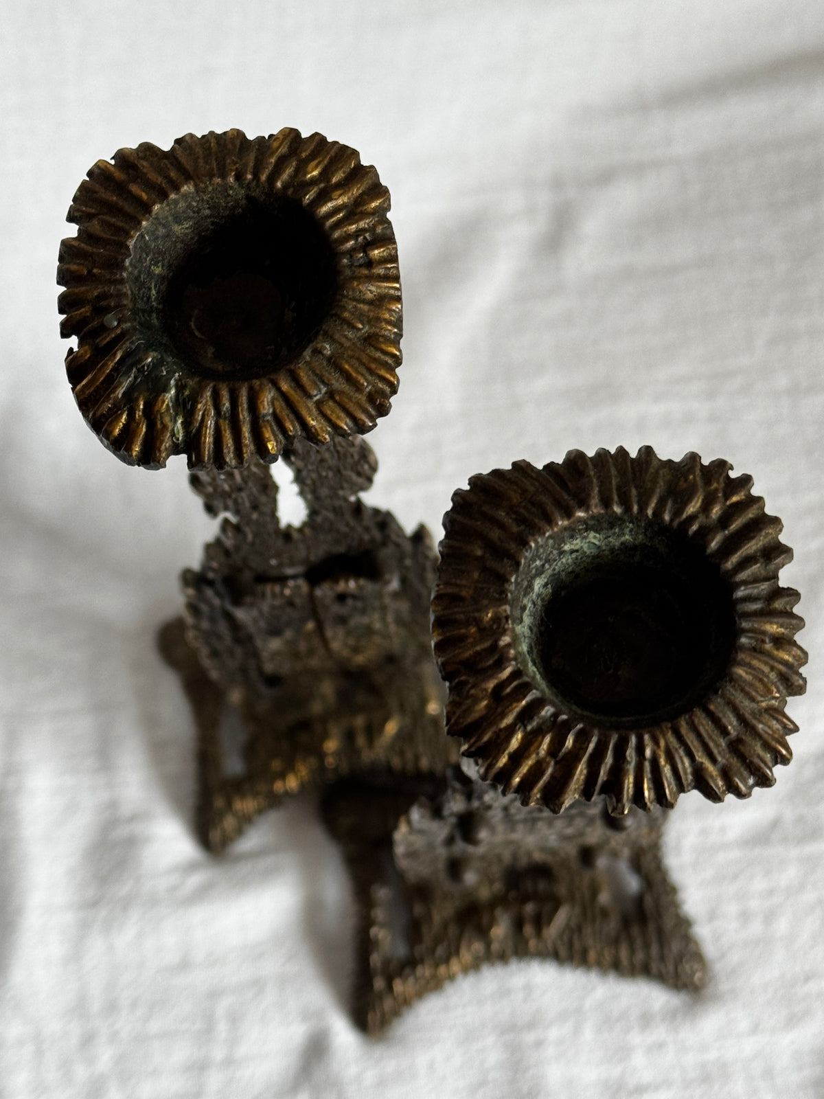 VINTAGE BRASS BRUTALIST SHABBAT CANDLESTICK PAIR