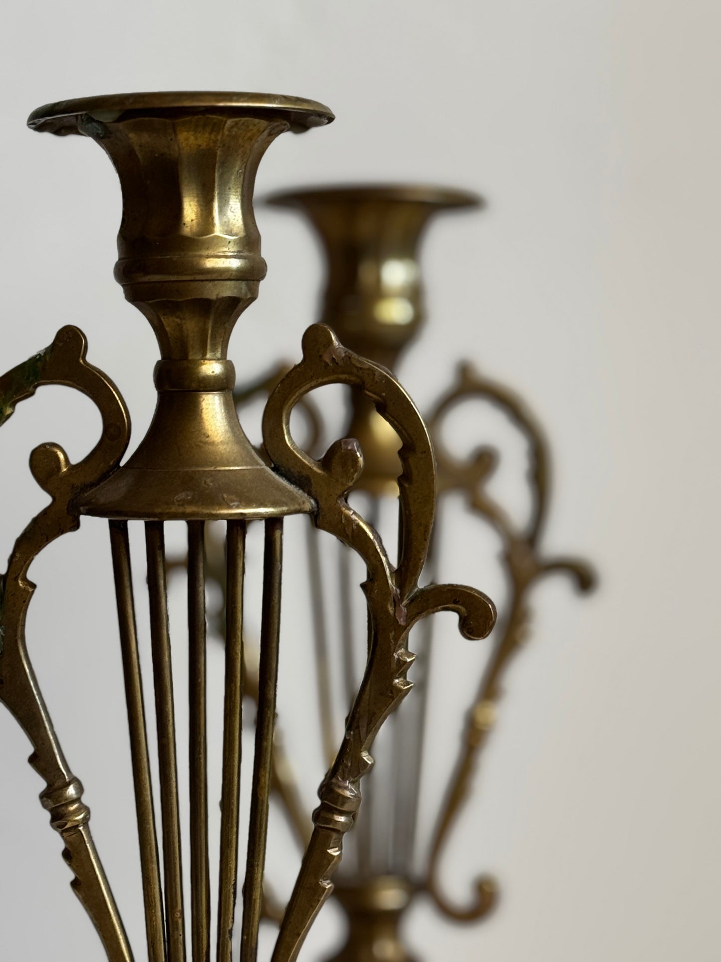 VINTAGE INDIAN BRASS HARP CANDLE HOLDER PAIR
