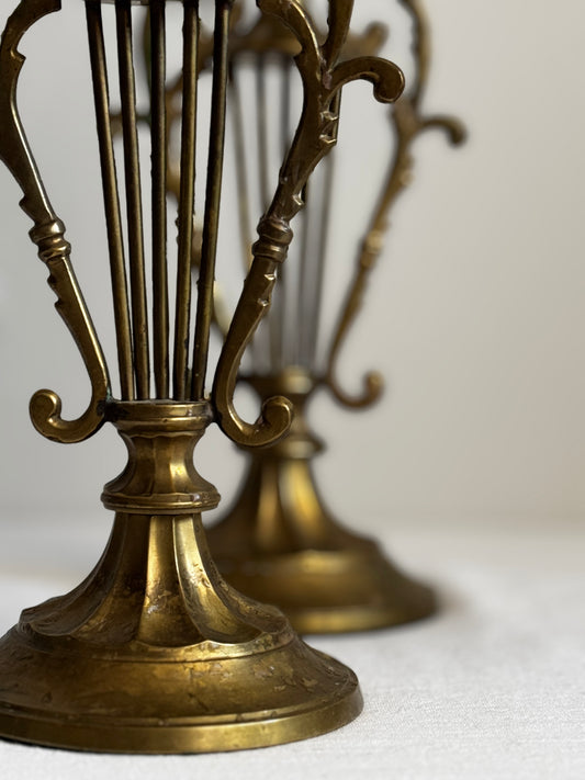 VINTAGE INDIAN BRASS HARP CANDLE HOLDER PAIR