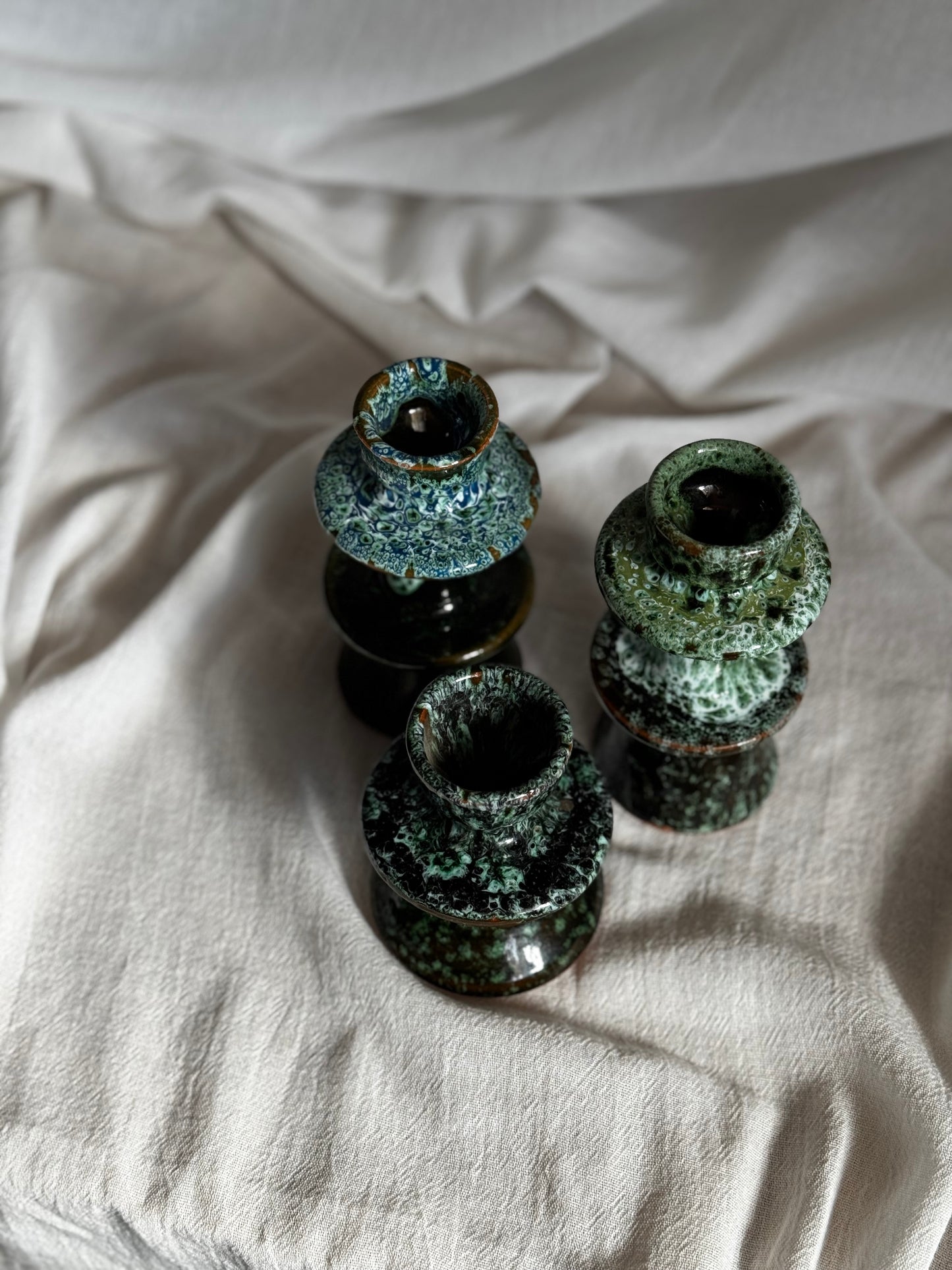 MOROCCAN GREEN GLAZED CANDLESTICK - SET OF 3