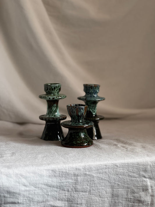 MOROCCAN GREEN GLAZED CANDLESTICK - SET OF 3