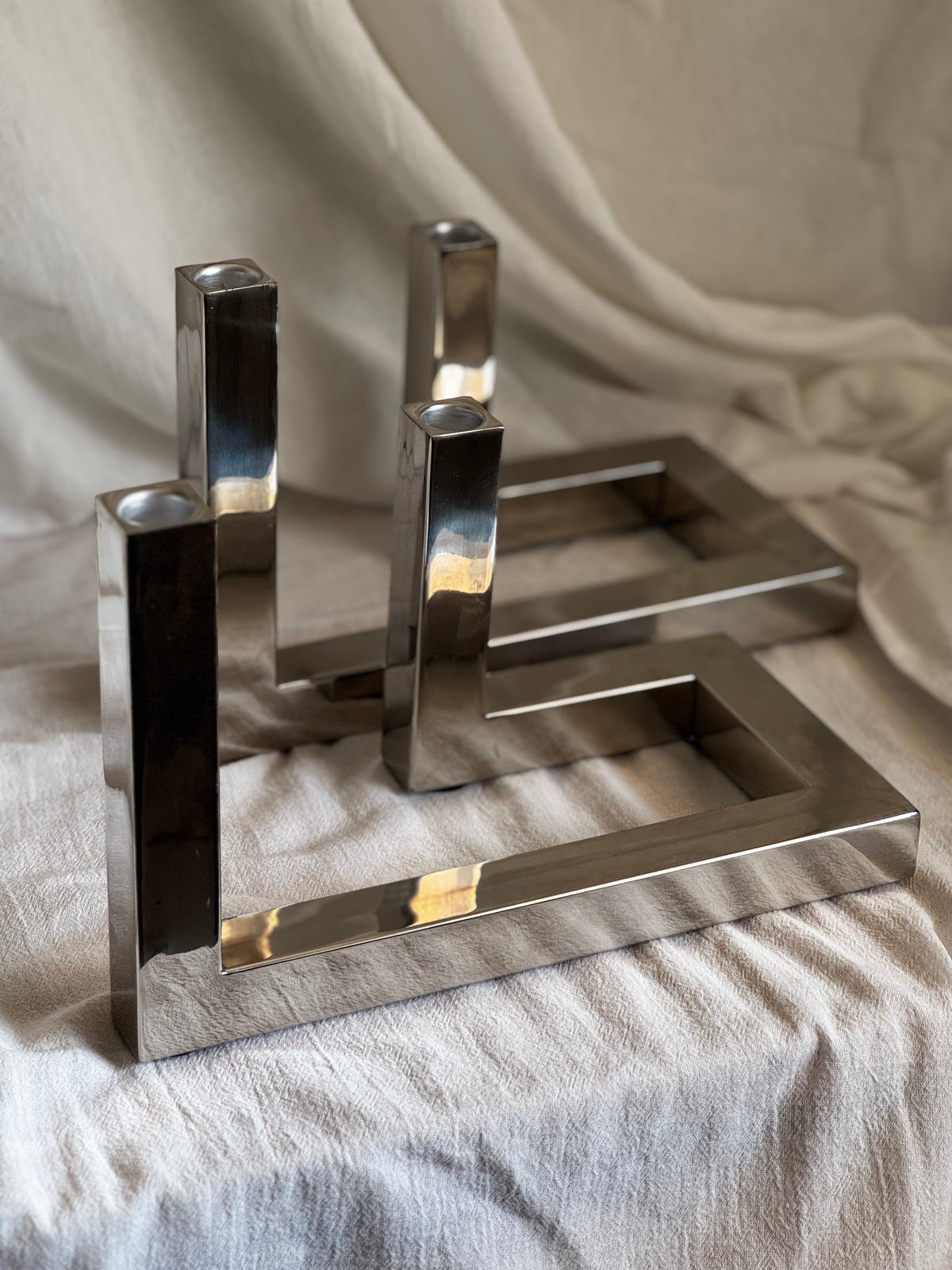 VINTAGE RIADO INTERLOCKING STAINLESS STEEL CANDLEHOLDER PAIR
