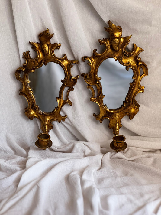 VINTAGE FLORENTINE GILTWOOD MIRROR & CANDLEHOLDER PAIR