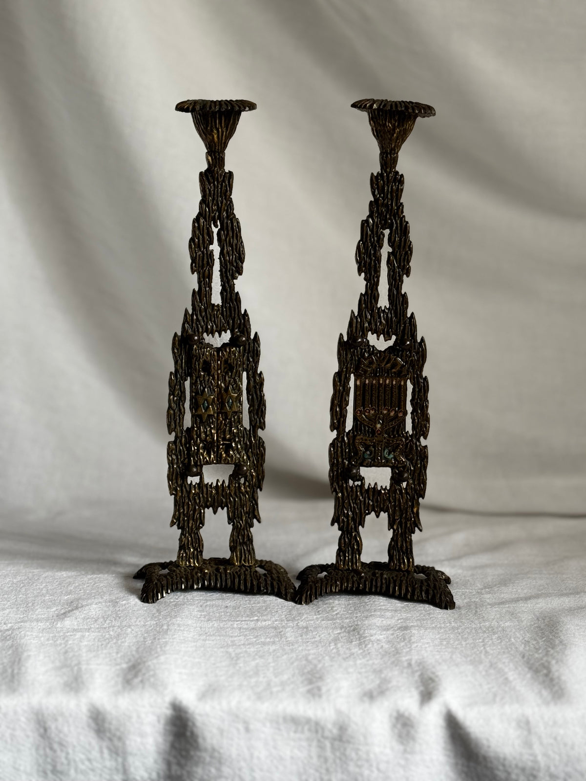 VINTAGE BRASS BRUTALIST SHABBAT CANDLESTICK PAIR