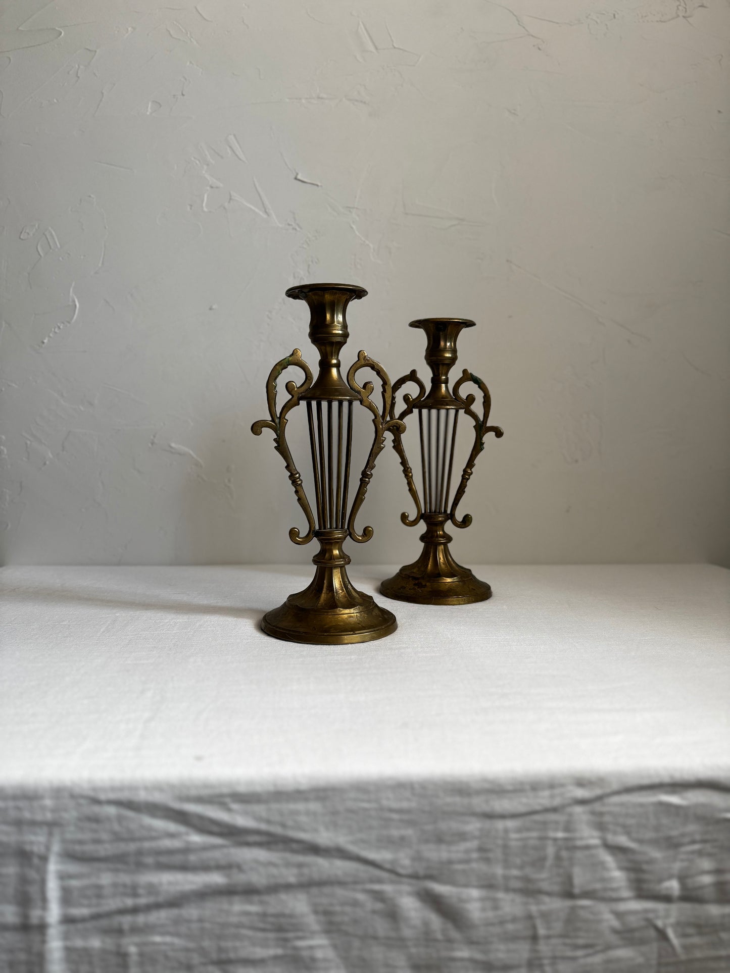 VINTAGE INDIAN BRASS HARP CANDLE HOLDER PAIR