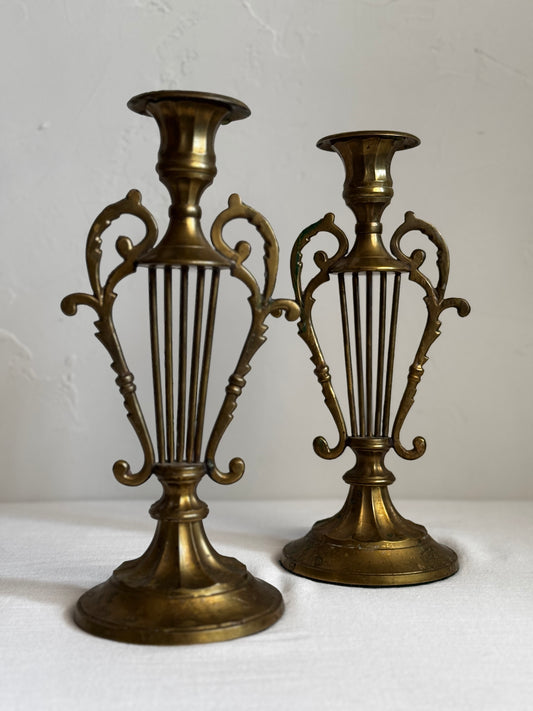 VINTAGE INDIAN BRASS HARP CANDLE HOLDER PAIR
