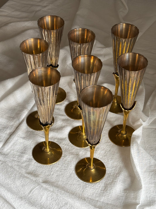 VINTAGE ART DECO CHAMPAGNE FLUTES SET OF 8 SILVER-BRASS PLATED