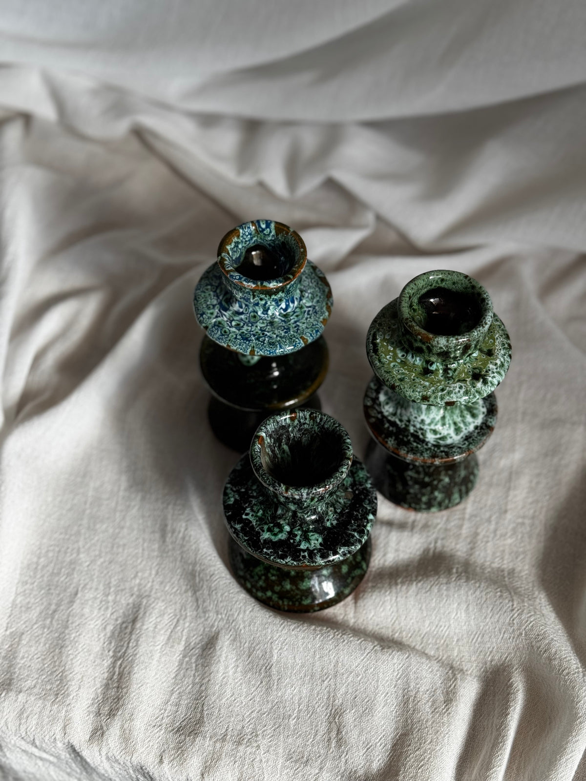 MOROCCAN GREEN GLAZED CANDLESTICK - SET OF 3
