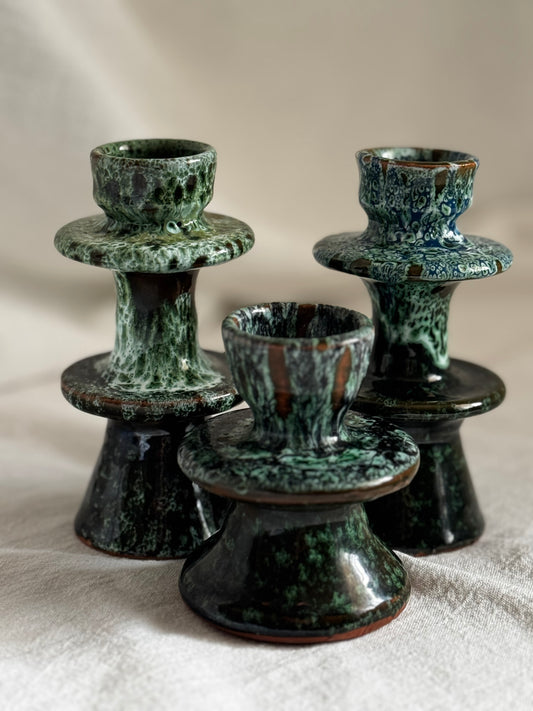 MOROCCAN GREEN GLAZED CANDLESTICK - SET OF 3