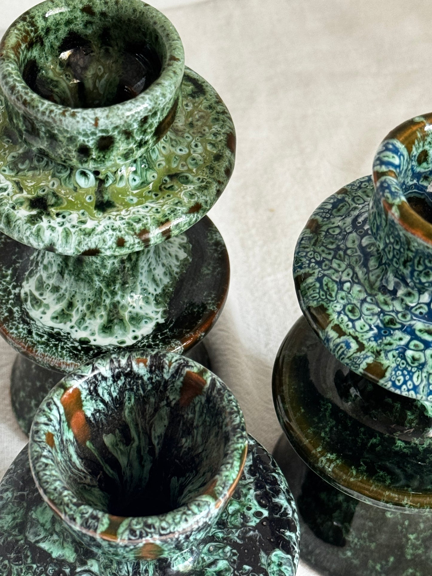 MOROCCAN GREEN GLAZED CANDLESTICK - SET OF 3