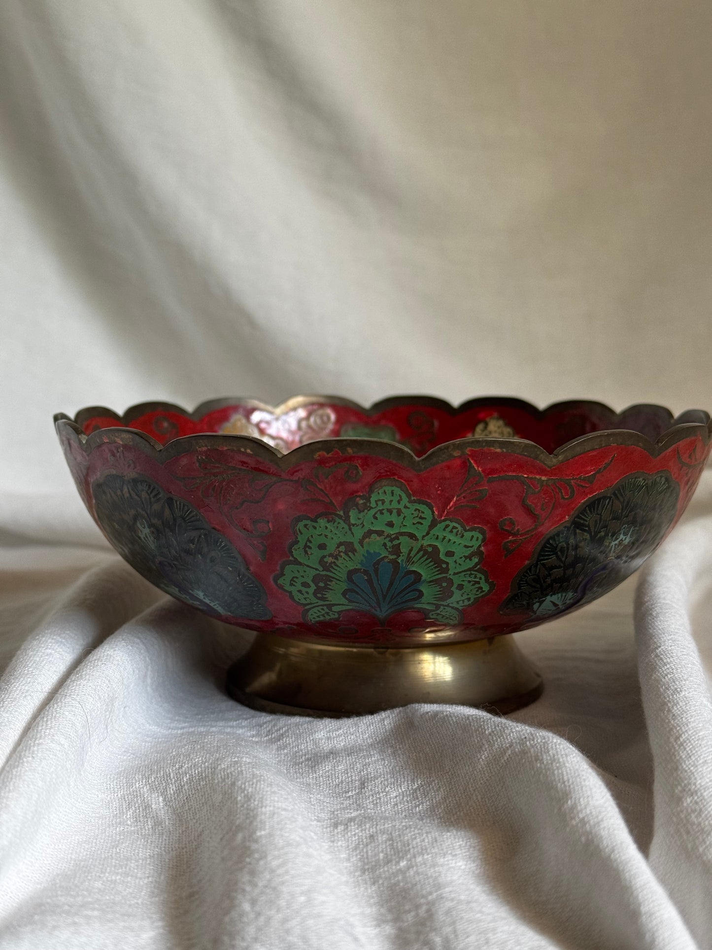 VINTAGE INDIAN BRASS ENAMEL PEACOCK BOWL
