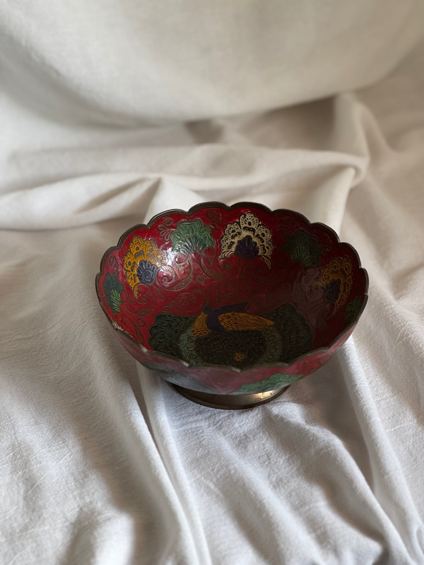 VINTAGE INDIAN BRASS ENAMEL PEACOCK BOWL