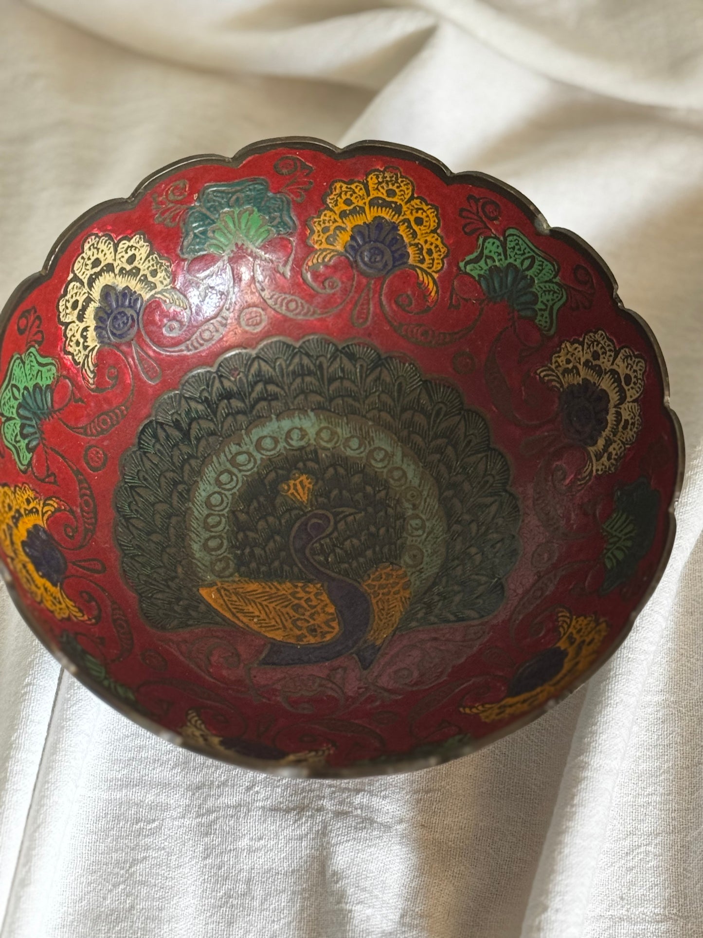 VINTAGE INDIAN BRASS ENAMEL PEACOCK BOWL