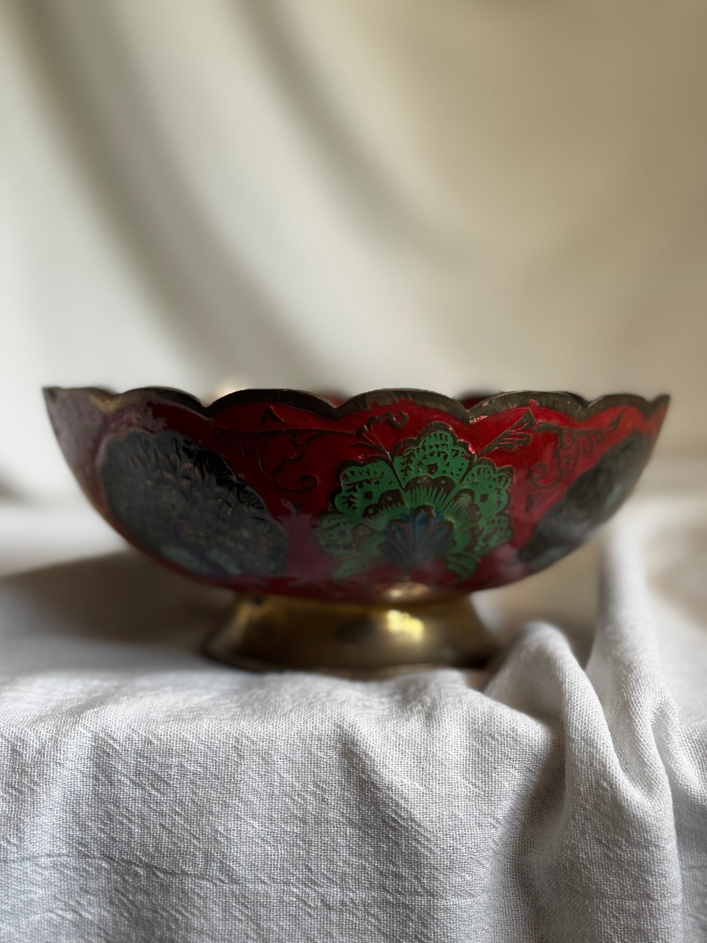 VINTAGE INDIAN BRASS ENAMEL PEACOCK BOWL