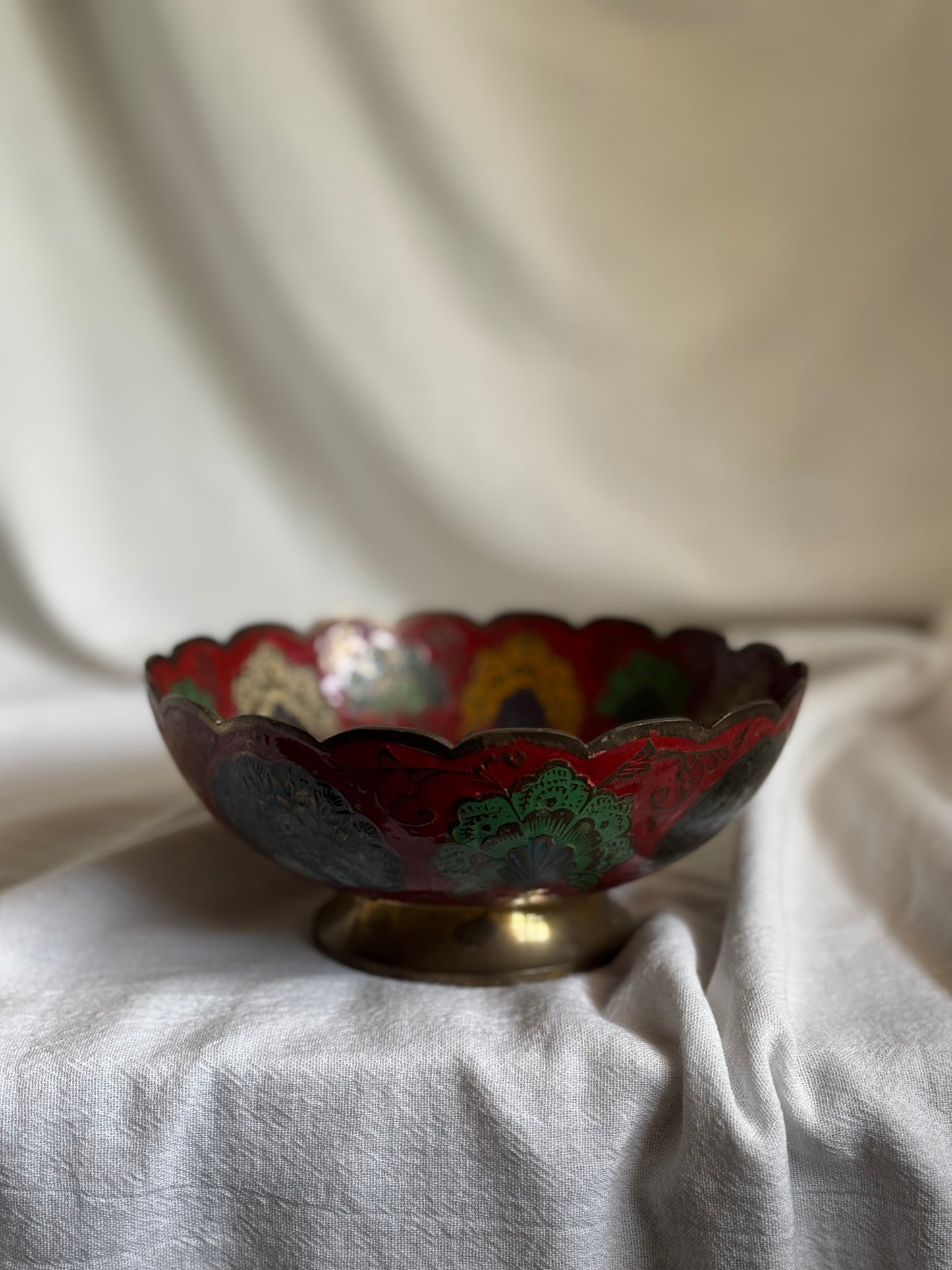 VINTAGE INDIAN BRASS ENAMEL PEACOCK BOWL