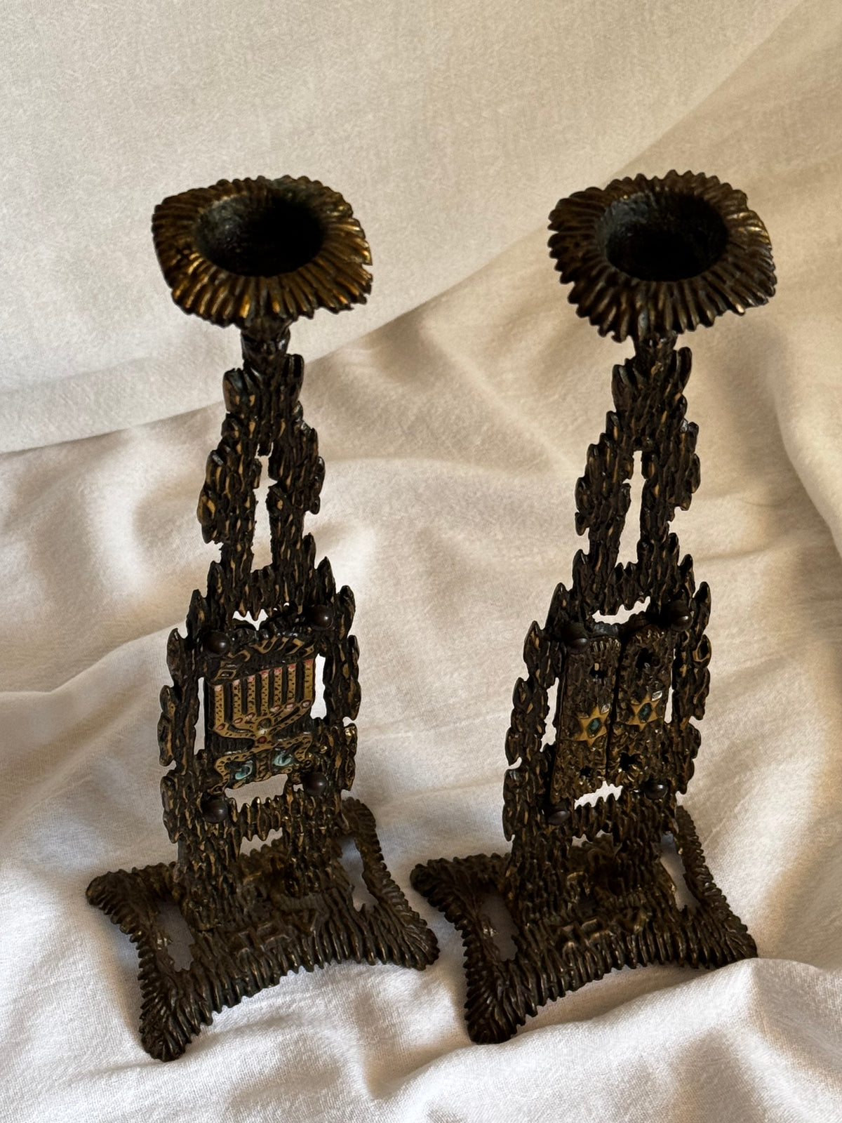 VINTAGE BRASS BRUTALIST SHABBAT CANDLESTICK PAIR