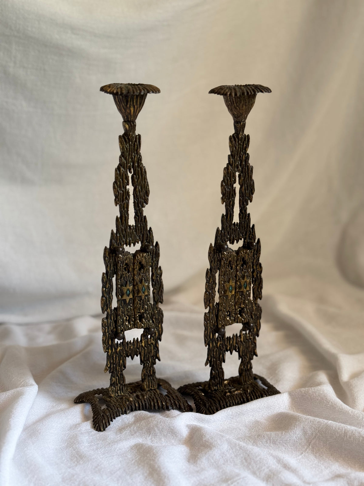 VINTAGE BRASS BRUTALIST SHABBAT CANDLESTICK PAIR